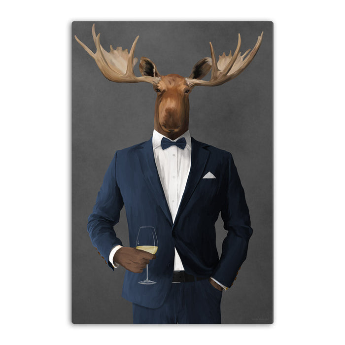 Moose Drinking White Wine Wall Art - Navy Suit