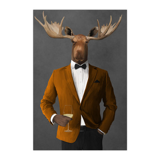 Moose Drinking White Wine Wall Art - Orange and Black Suit