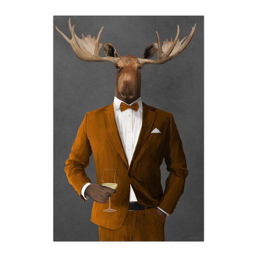 Moose Drinking White Wine Wall Art - Orange Suit