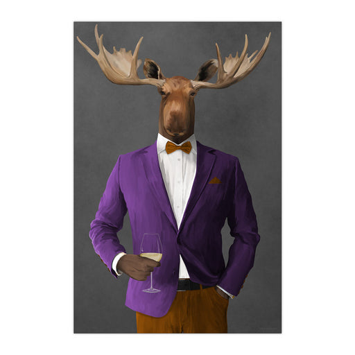 Moose Drinking White Wine Wall Art - Purple and Orange Suit