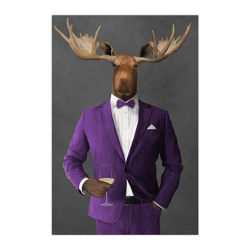 Moose Drinking White Wine Wall Art - Purple Suit