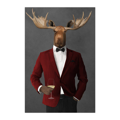 Moose Drinking White Wine Wall Art - Red and Black Suit