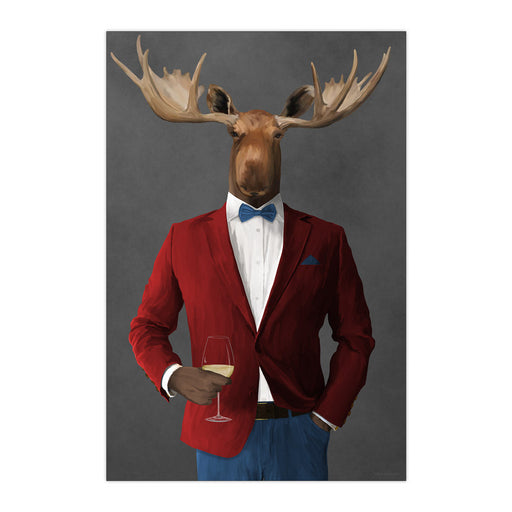 Moose Drinking White Wine Wall Art - Red and Blue Suit