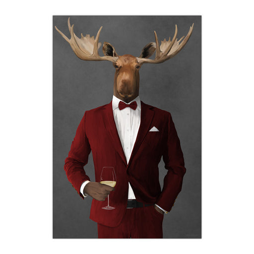 Moose Drinking White Wine Wall Art - Red Suit