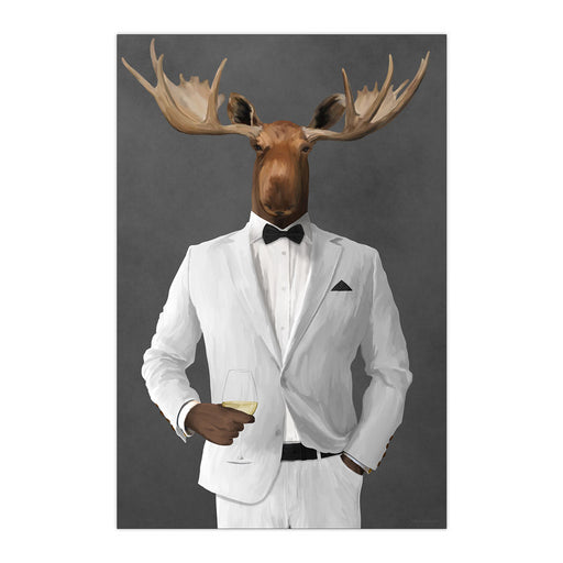 Moose Drinking White Wine Wall Art - White Suit