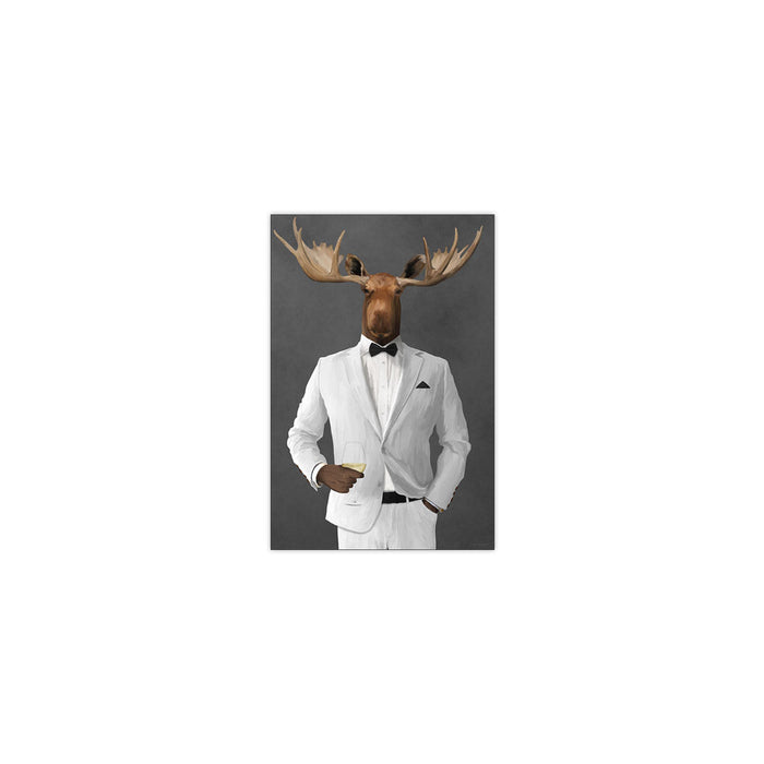 Moose Drinking White Wine Wall Art - White Suit