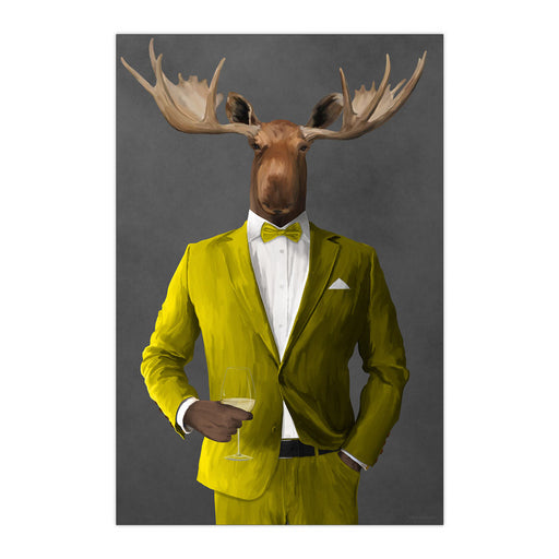 Moose Drinking White Wine Wall Art - Yellow Suit