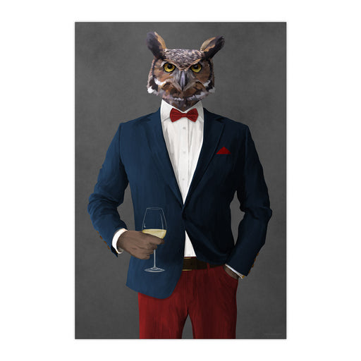 Owl Drinking White Wine Wall Art - Blue and Red Suit