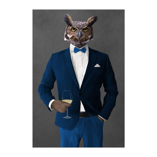 Owl Drinking White Wine Wall Art - Blue Suit