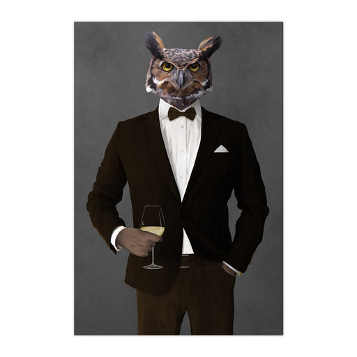 Owl Drinking White Wine Wall Art - Brown Suit