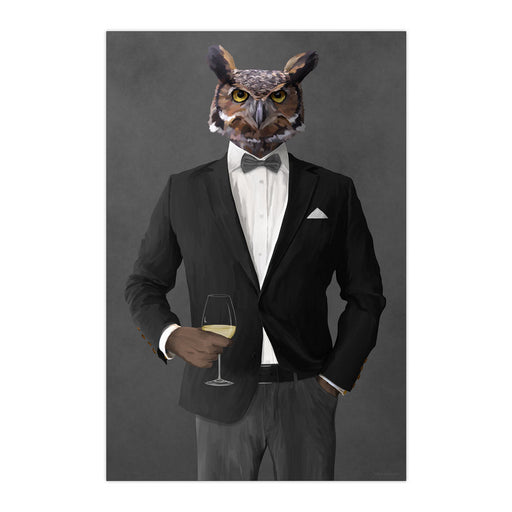 Owl Drinking White Wine Wall Art - Gray Suit
