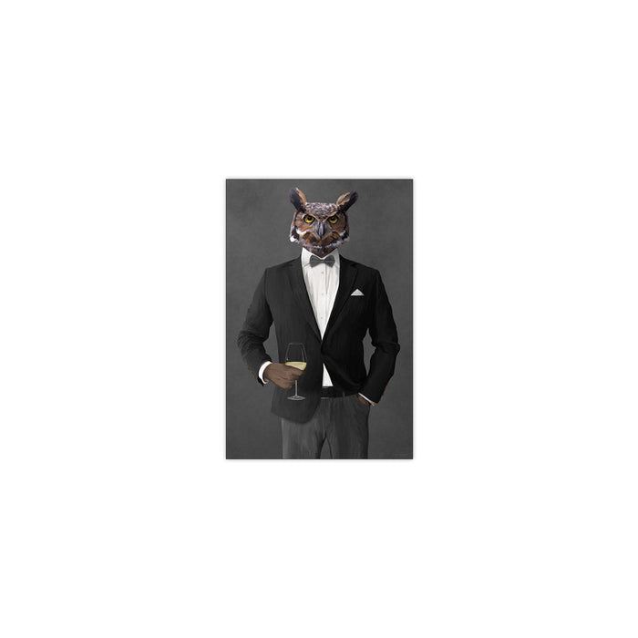 Owl Drinking White Wine Wall Art - Gray Suit