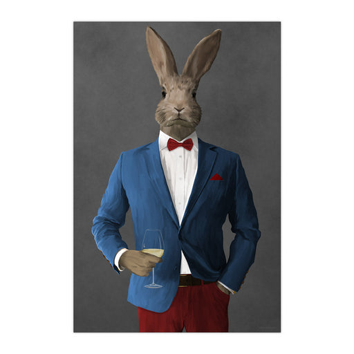 Rabbit Drinking White Wine Wall Art - Blue and Red Suit