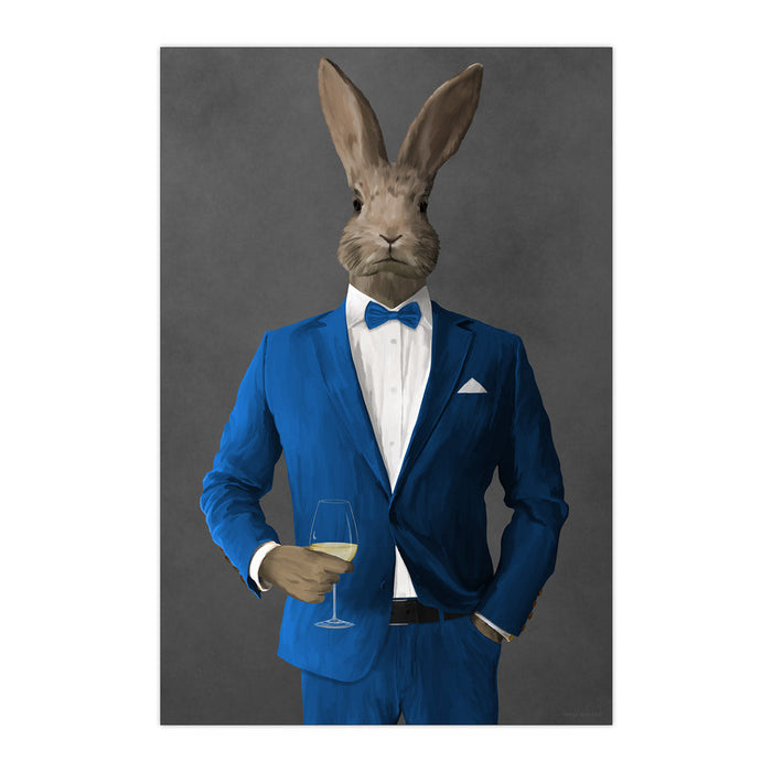 Rabbit Drinking White Wine Wall Art - Blue Suit