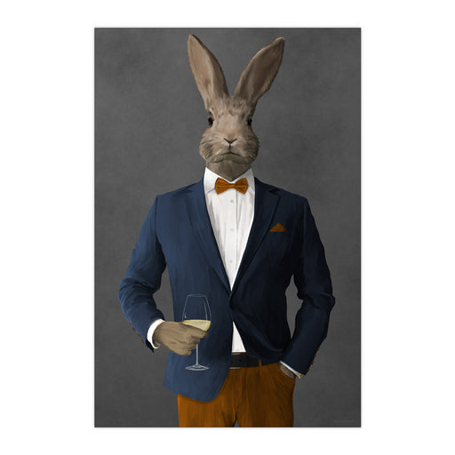 Rabbit Drinking White Wine Wall Art - Navy and Orange Suit
