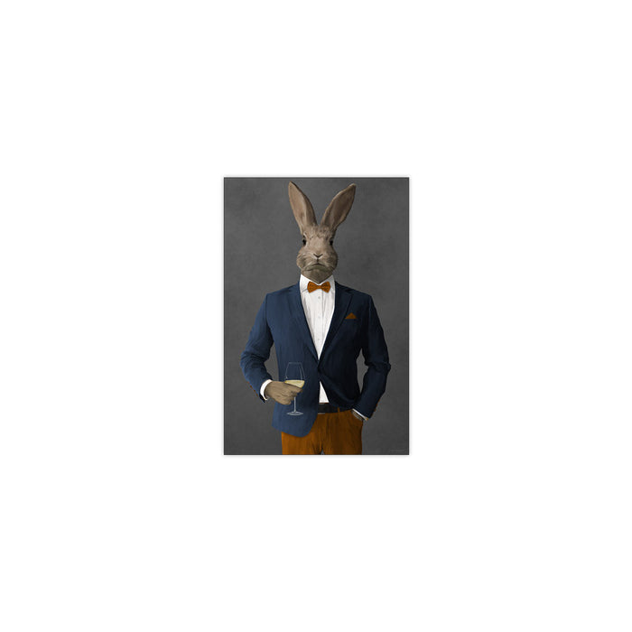 Rabbit Drinking White Wine Wall Art - Navy and Orange Suit