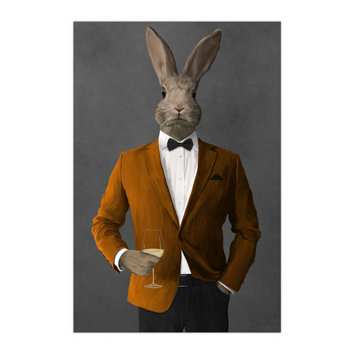 Rabbit Drinking White Wine Wall Art - Orange and Black Suit