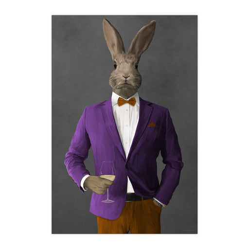 Rabbit Drinking White Wine Wall Art - Purple and Orange Suit