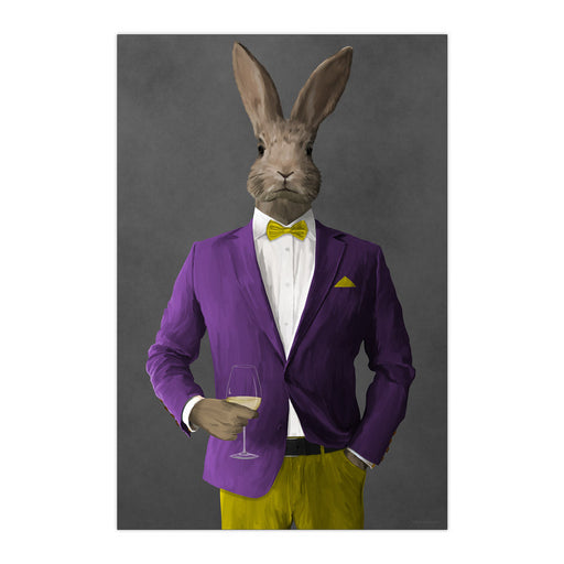 Rabbit Drinking White Wine Wall Art - Purple and Yellow Suit