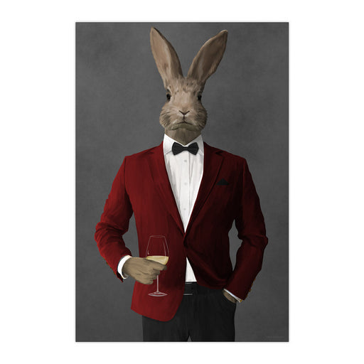 Rabbit Drinking White Wine Wall Art - Red and Black Suit