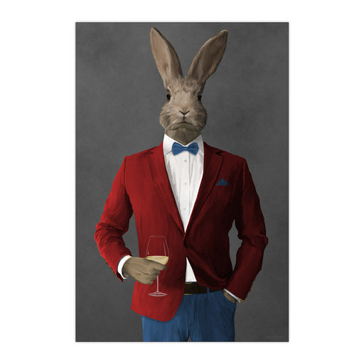 Rabbit Drinking White Wine Wall Art - Red and Blue Suit