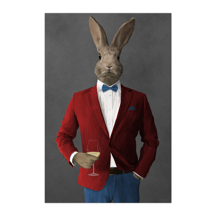 Rabbit Drinking White Wine Wall Art - Red and Blue Suit