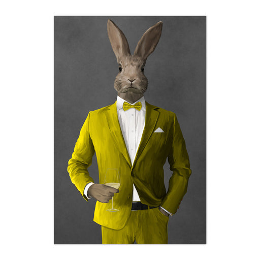 Rabbit Drinking White Wine Wall Art - Yellow Suit