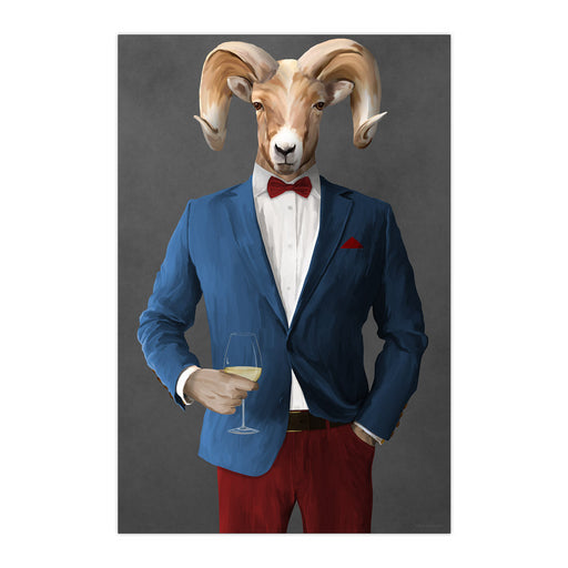 Ram Drinking White Wine Wall Art - Blue and Red Suit