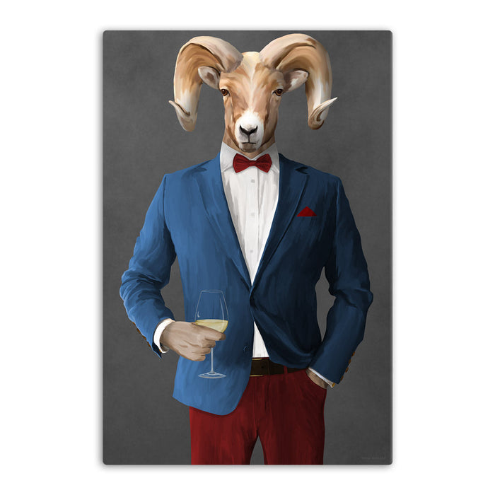 Ram Drinking White Wine Wall Art - Blue and Red Suit