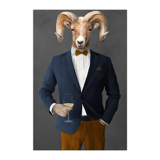 Ram Drinking White Wine Wall Art - Navy and Orange Suit