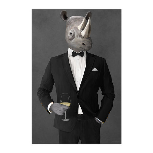 Rhinoceros Drinking White Wine Wall Art - Black Suit