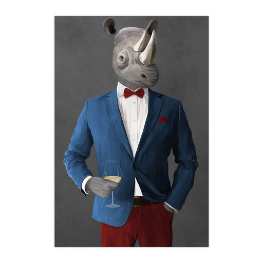 Rhinoceros Drinking White Wine Wall Art - Blue and Red Suit