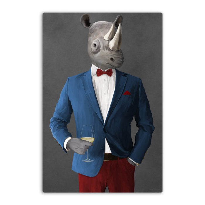 Rhinoceros Drinking White Wine Wall Art - Blue and Red Suit