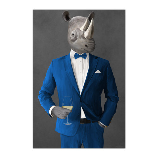 Rhinoceros Drinking White Wine Wall Art - Blue Suit