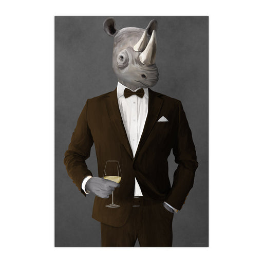 Rhinoceros Drinking White Wine Wall Art - Brown Suit