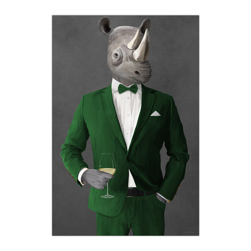 Rhinoceros Drinking White Wine Wall Art - Green Suit