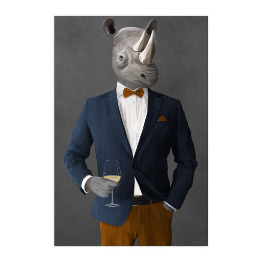 Rhinoceros Drinking White Wine Wall Art - Navy and Orange Suit