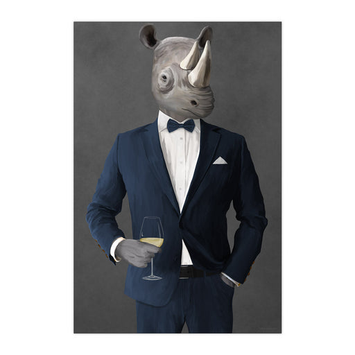 Rhinoceros Drinking White Wine Wall Art - Navy Suit