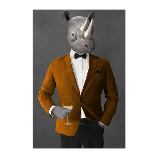 Rhinoceros Drinking White Wine Wall Art - Orange and Black Suit