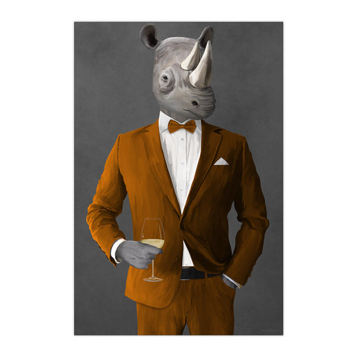 Rhinoceros Drinking White Wine Wall Art - Orange Suit