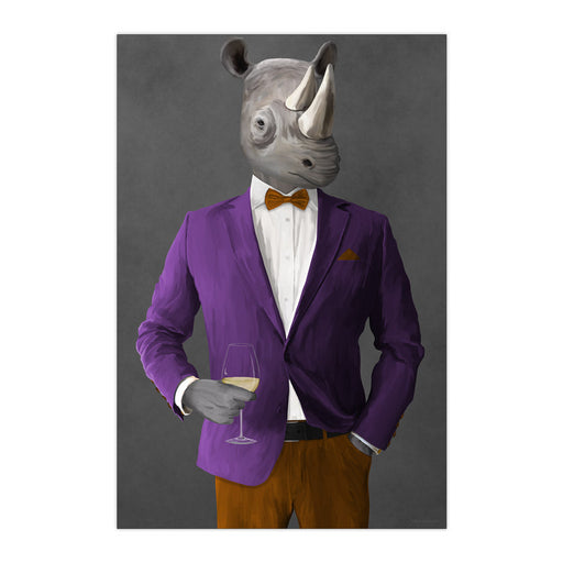Rhinoceros Drinking White Wine Wall Art - Purple and Orange Suit