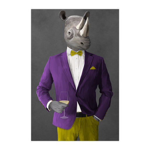 Rhinoceros Drinking White Wine Wall Art - Purple and Yellow Suit
