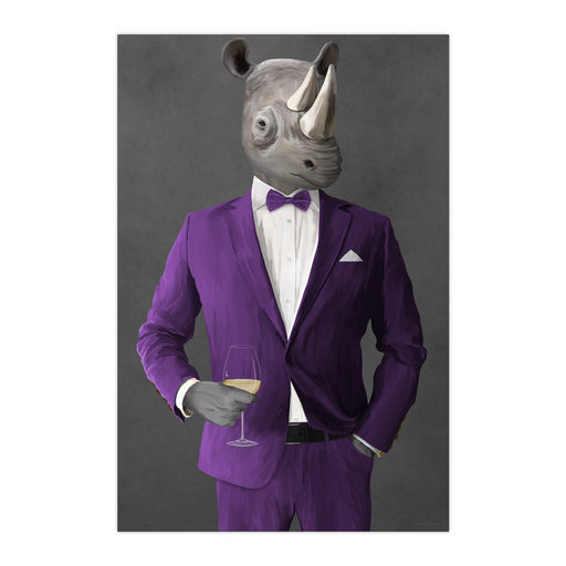 Rhinoceros Drinking White Wine Wall Art - Purple Suit