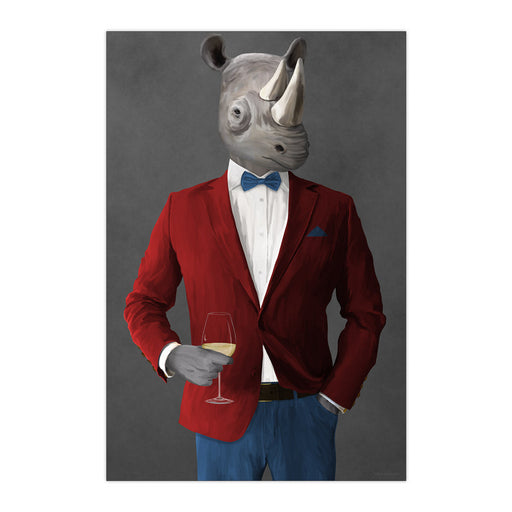 Rhinoceros Drinking White Wine Wall Art - Red and Blue Suit