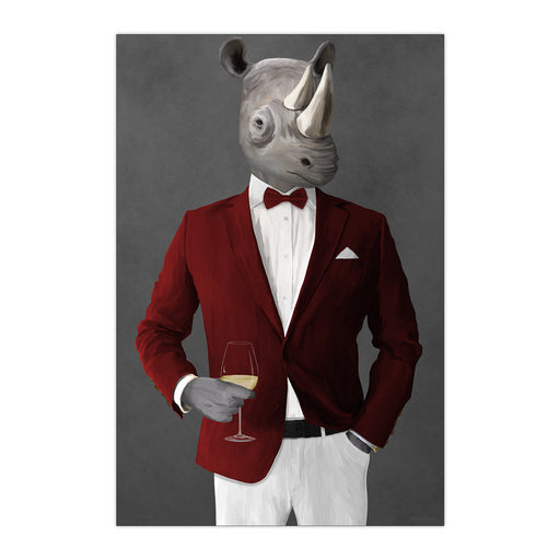 Rhinoceros Drinking White Wine Wall Art - Red and White Suit