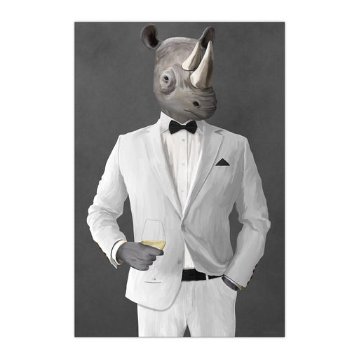 Rhinoceros Drinking White Wine Wall Art - White Suit