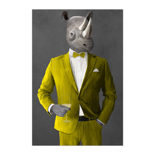 Rhinoceros Drinking White Wine Wall Art - Yellow Suit