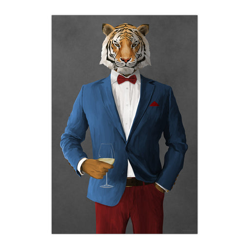 Tiger Drinking White Wine Wall Art - Blue and Red Suit