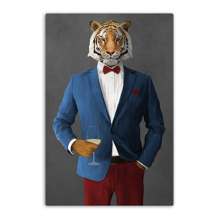 Tiger Drinking White Wine Wall Art - Blue and Red Suit