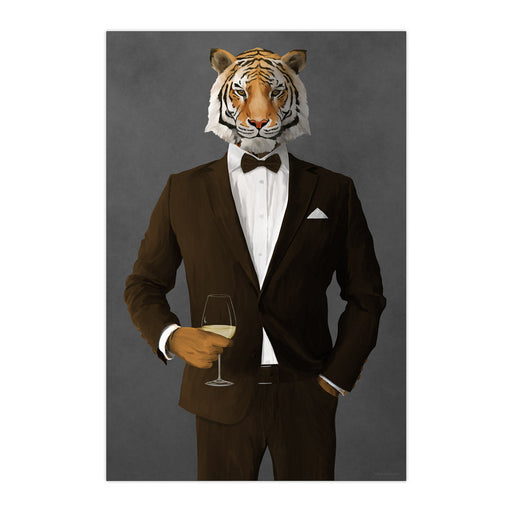 Tiger Drinking White Wine Wall Art - Brown Suit